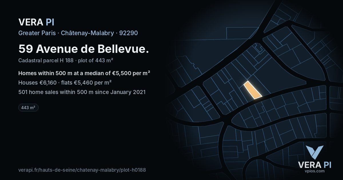 59 Avenue de Bellevue, Châtenay-Malabry at night – the plot lit, the parcels around coloured by the prices near them