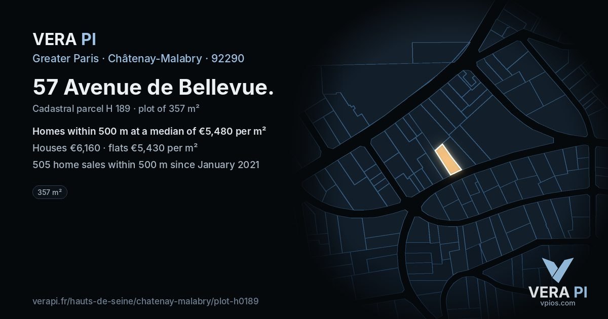 57 Avenue de Bellevue, Châtenay-Malabry at night – the plot lit, the parcels around coloured by the prices near them