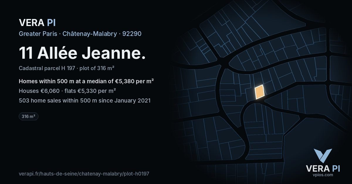 11 Allée Jeanne, Châtenay-Malabry at night – the plot lit, the parcels around coloured by the prices near them