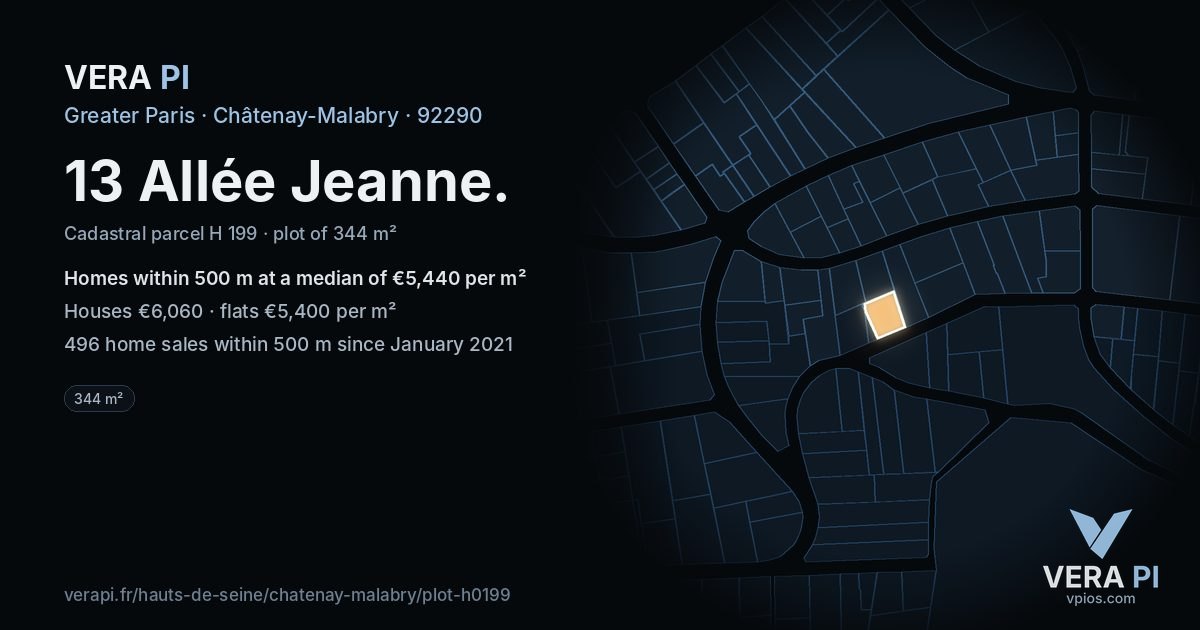 13 Allée Jeanne, Châtenay-Malabry at night – the plot lit, the parcels around coloured by the prices near them