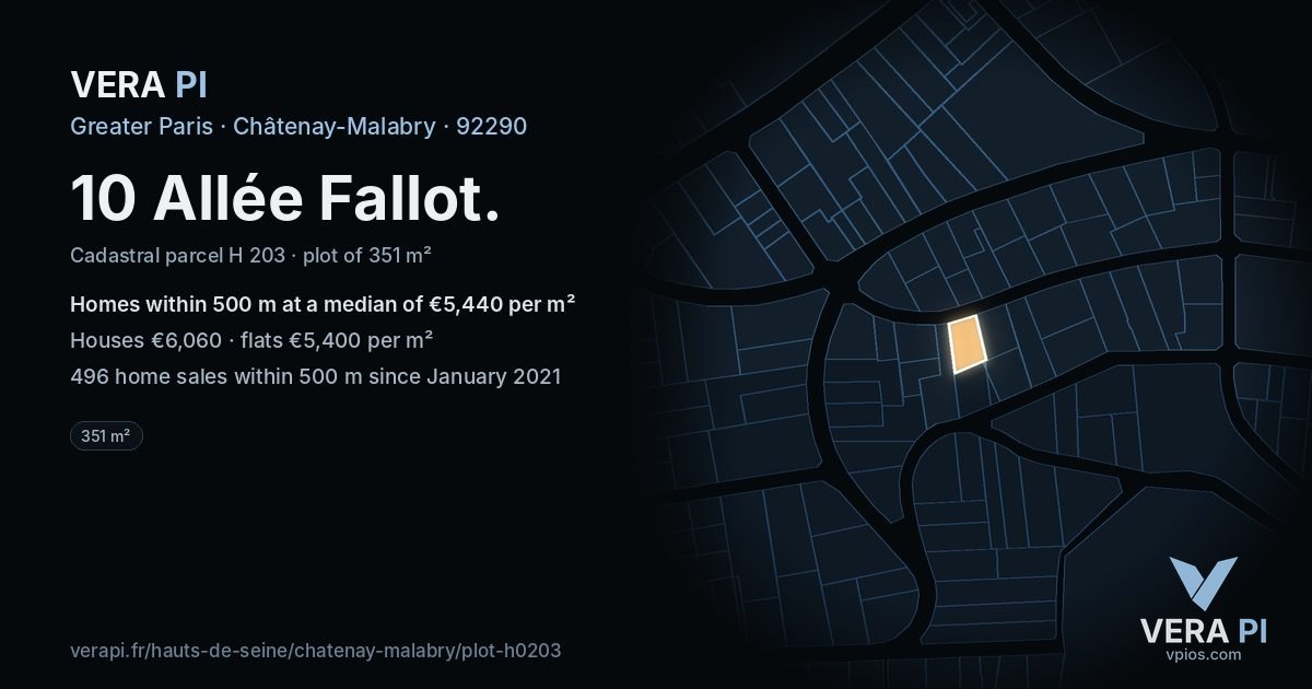 10 Allée Fallot, Châtenay-Malabry at night – the plot lit, the parcels around coloured by the prices near them