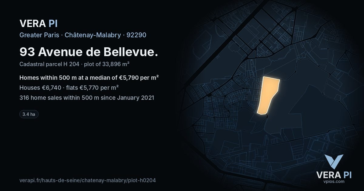 93 Avenue de Bellevue, Châtenay-Malabry at night – the plot lit, the parcels around coloured by the prices near them