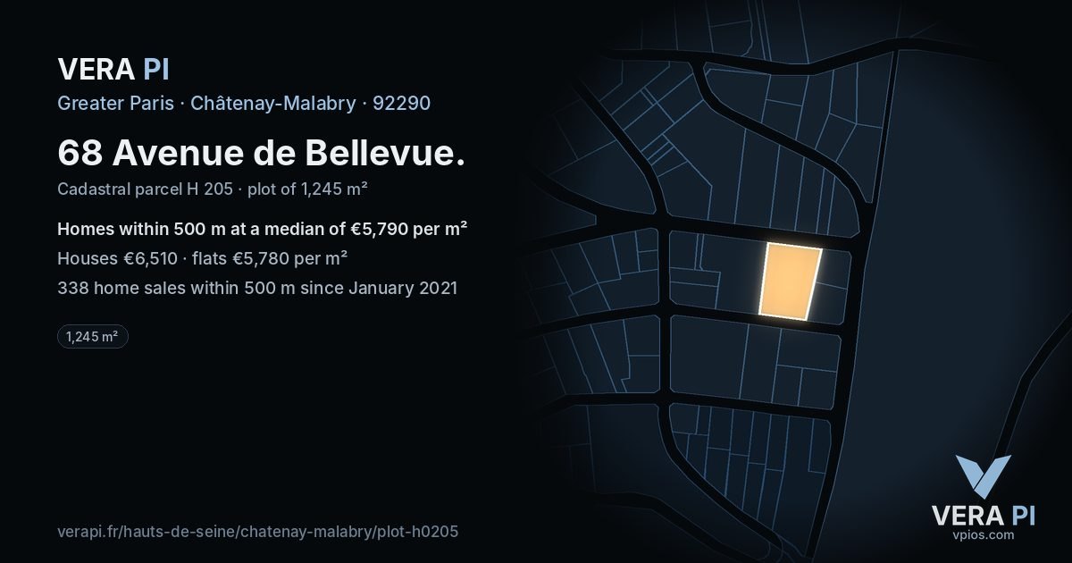 68 Avenue de Bellevue, Châtenay-Malabry at night – the plot lit, the parcels around coloured by the prices near them
