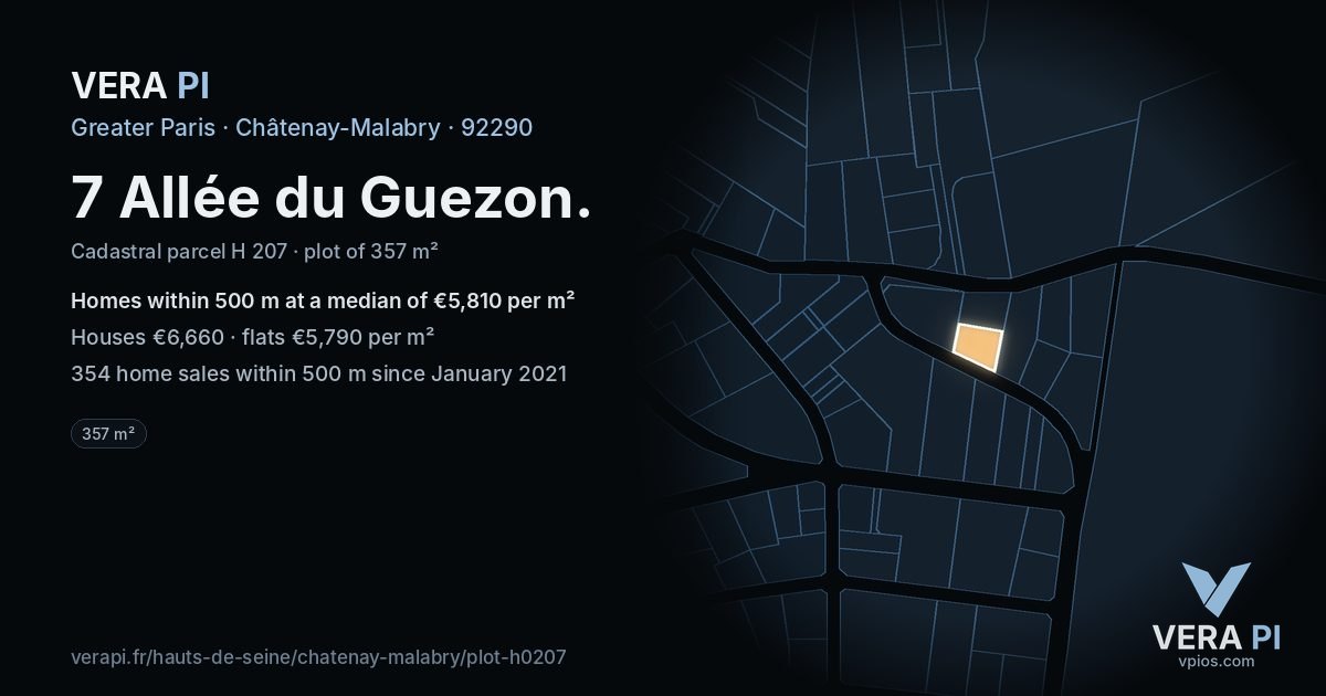 7 Allée du Guezon, Châtenay-Malabry at night – the plot lit, the parcels around coloured by the prices near them