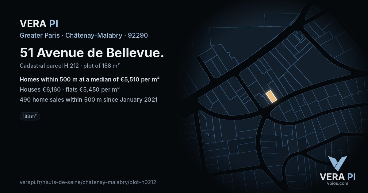 51 Avenue de Bellevue, Châtenay-Malabry at night – the plot lit, the parcels around coloured by the prices near them
