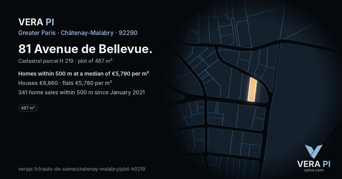 81 Avenue de Bellevue, Châtenay-Malabry at night – the plot lit, the parcels around coloured by the prices near them