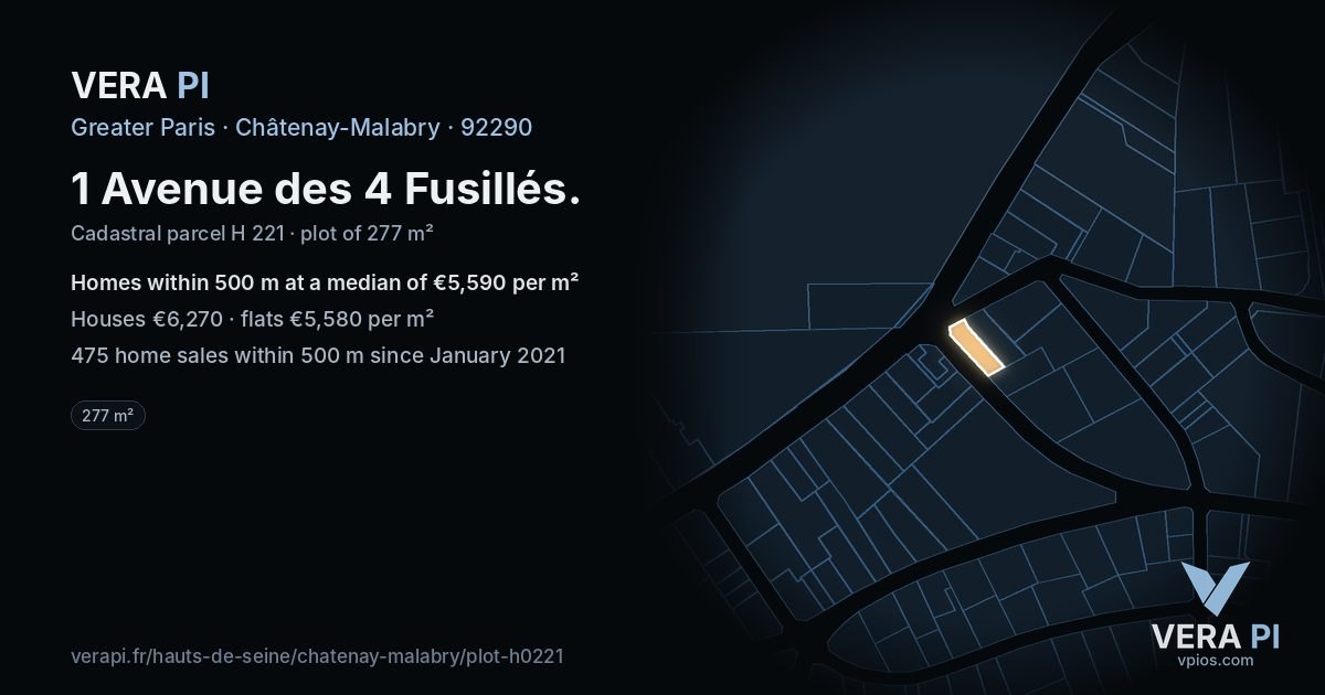 1 Avenue des 4 Fusillés, Châtenay-Malabry at night – the plot lit, the parcels around coloured by the prices near them