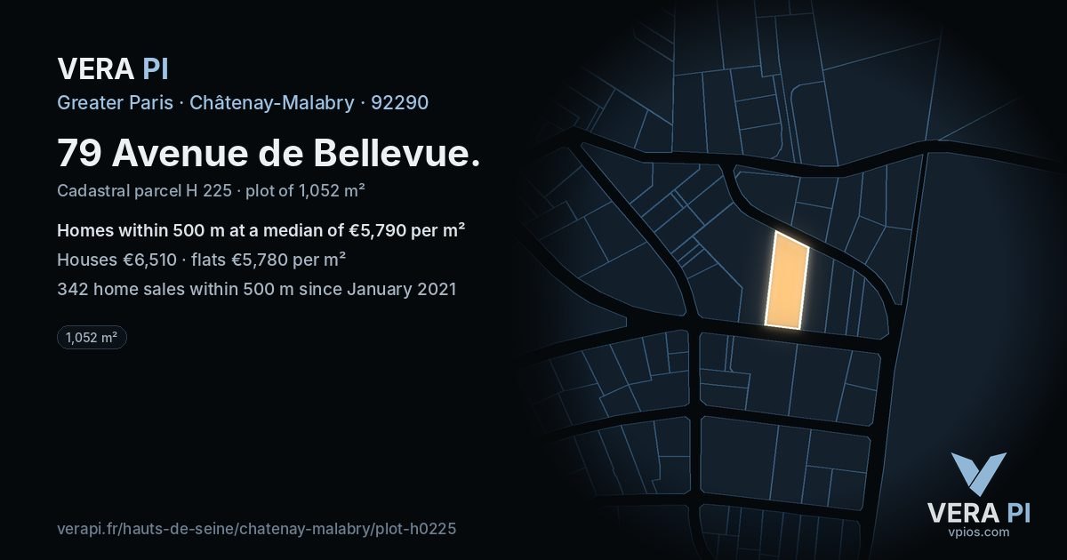 79 Avenue de Bellevue, Châtenay-Malabry at night – the plot lit, the parcels around coloured by the prices near them