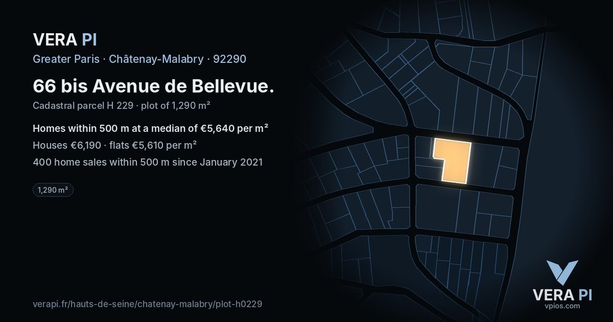 66 bis Avenue de Bellevue, Châtenay-Malabry at night – the plot lit, the parcels around coloured by the prices near them