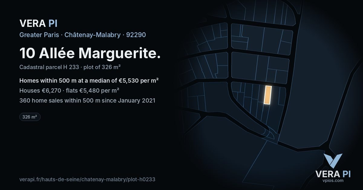 10 Allée Marguerite, Châtenay-Malabry at night – the plot lit, the parcels around coloured by the prices near them