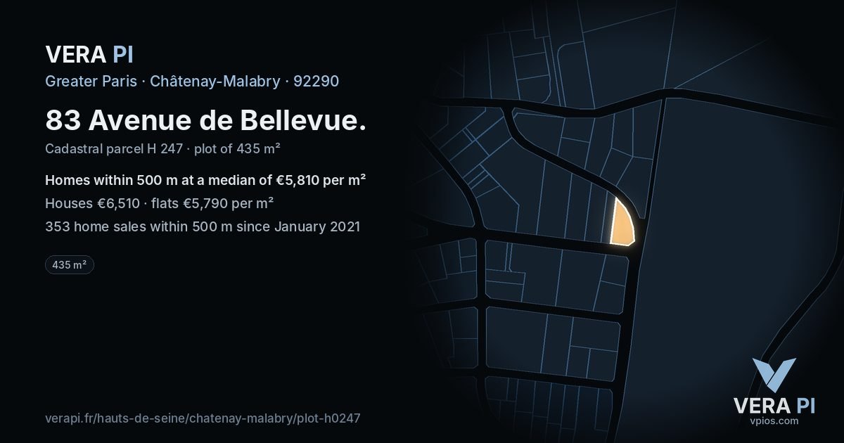 83 Avenue de Bellevue, Châtenay-Malabry at night – the plot lit, the parcels around coloured by the prices near them