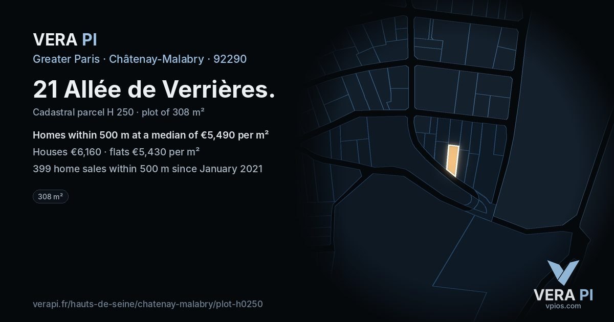 21 Allée de Verrières, Châtenay-Malabry at night – the plot lit, the parcels around coloured by the prices near them