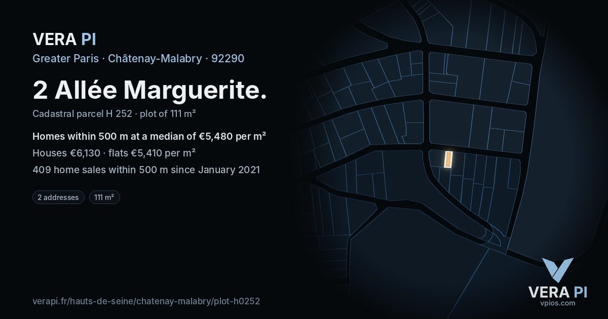 2 Allée Marguerite, Châtenay-Malabry at night – the plot lit, the parcels around coloured by the prices near them