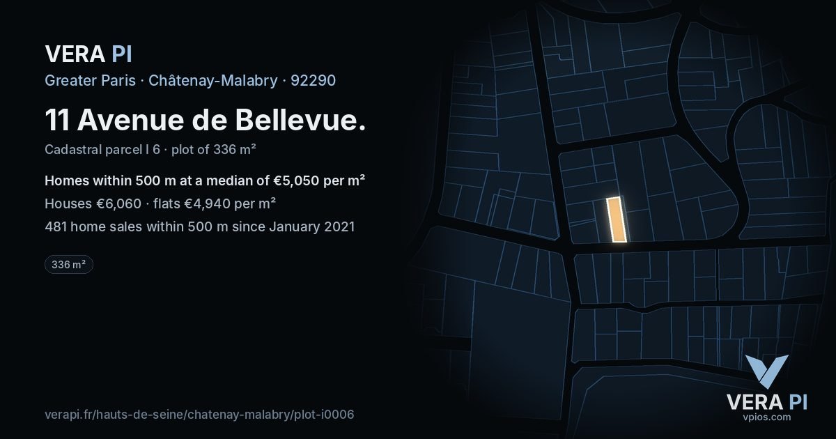11 Avenue de Bellevue, Châtenay-Malabry at night – the plot lit, the parcels around coloured by the prices near them