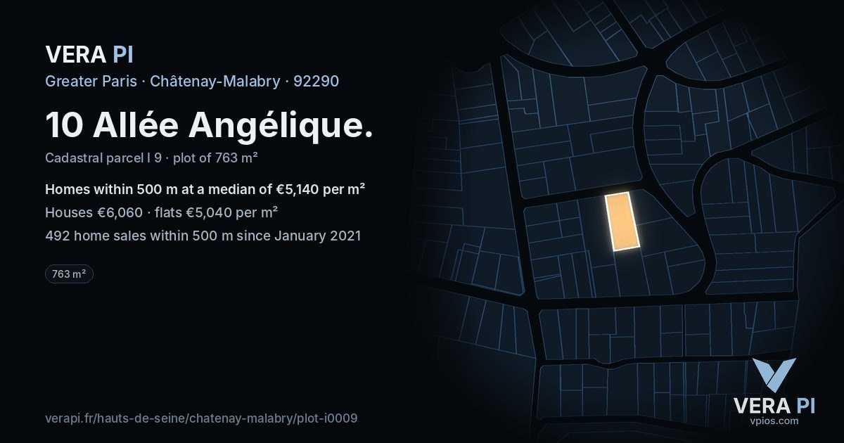 10 Allée Angélique, Châtenay-Malabry at night – the plot lit, the parcels around coloured by the prices near them