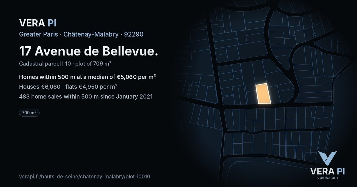 17 Avenue de Bellevue, Châtenay-Malabry at night – the plot lit, the parcels around coloured by the prices near them