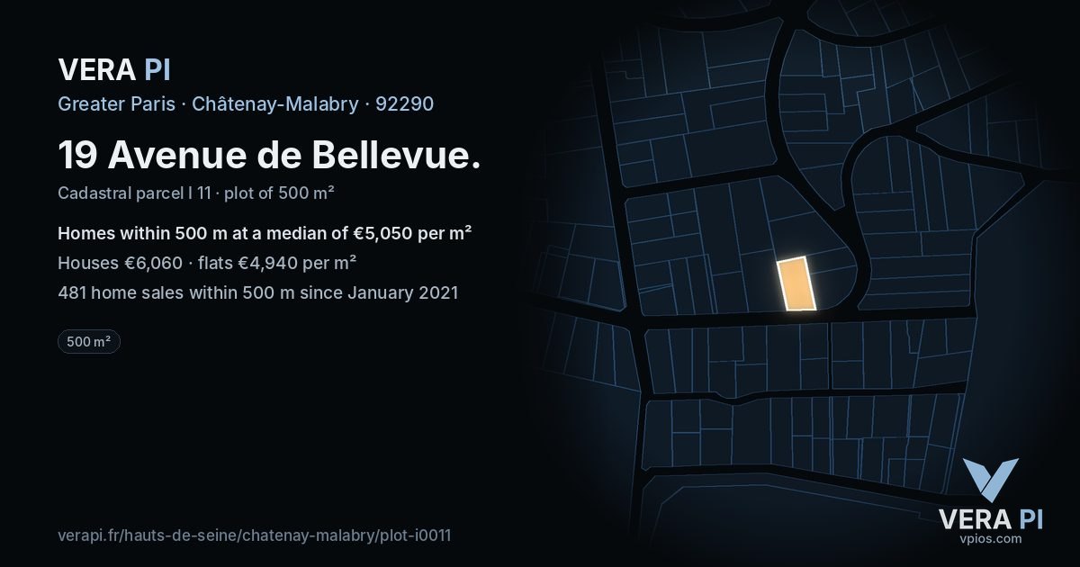 19 Avenue de Bellevue, Châtenay-Malabry at night – the plot lit, the parcels around coloured by the prices near them