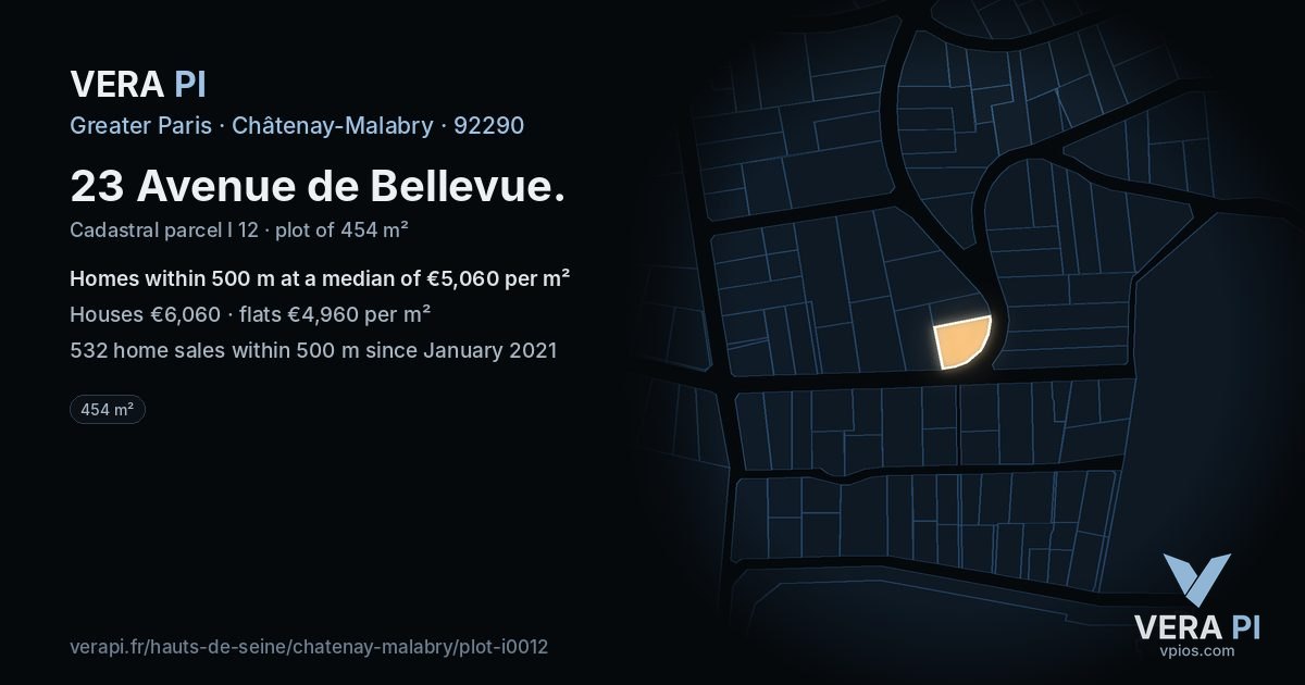 23 Avenue de Bellevue, Châtenay-Malabry at night – the plot lit, the parcels around coloured by the prices near them