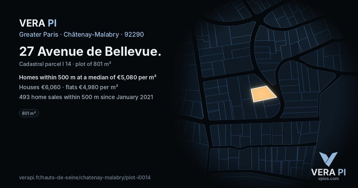 27 Avenue de Bellevue, Châtenay-Malabry at night – the plot lit, the parcels around coloured by the prices near them