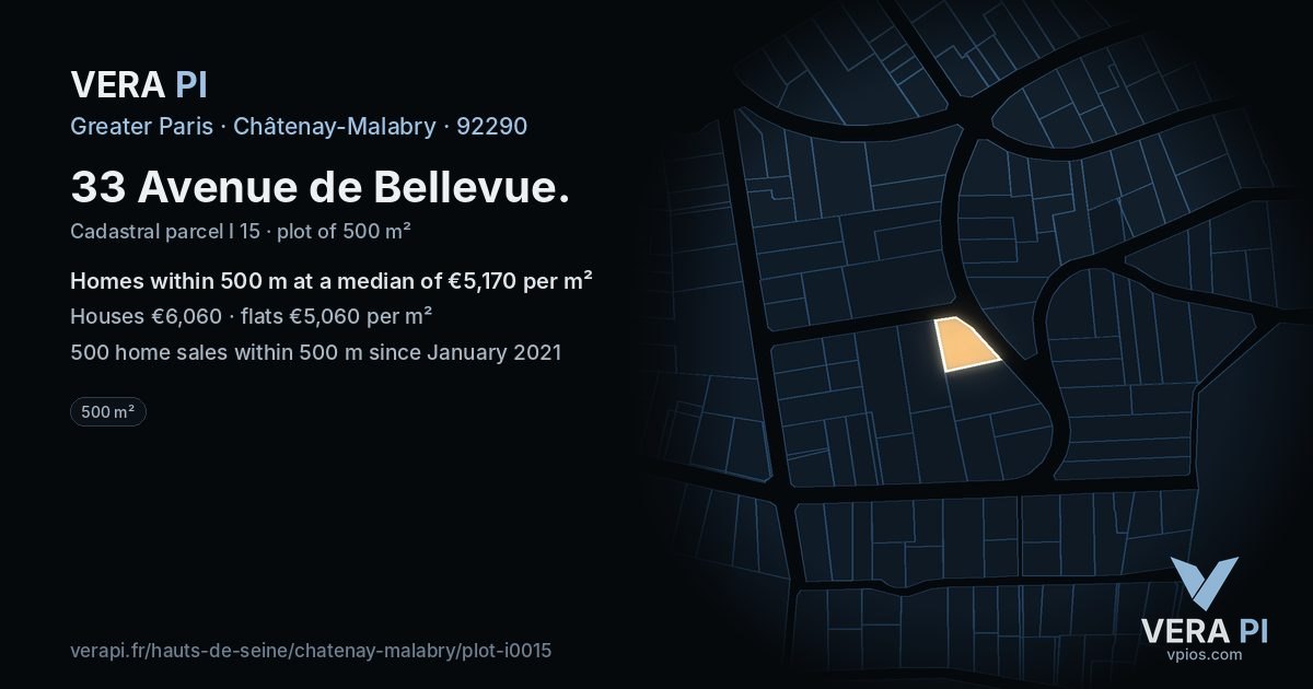 33 Avenue de Bellevue, Châtenay-Malabry at night – the plot lit, the parcels around coloured by the prices near them