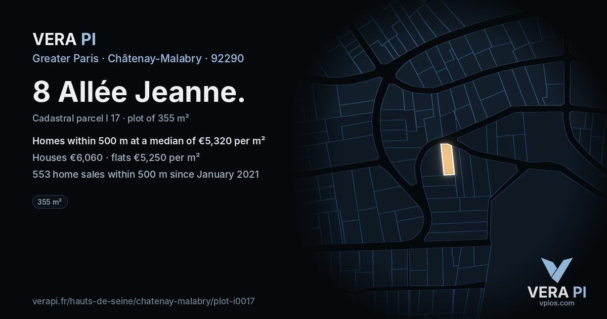 8 Allée Jeanne, Châtenay-Malabry at night – the plot lit, the parcels around coloured by the prices near them