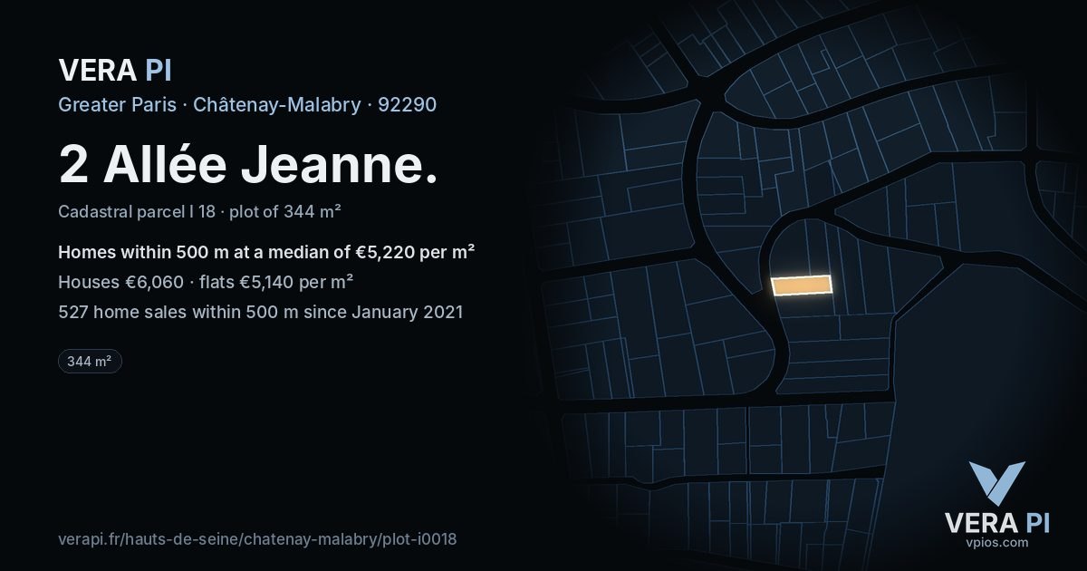 2 Allée Jeanne, Châtenay-Malabry at night – the plot lit, the parcels around coloured by the prices near them