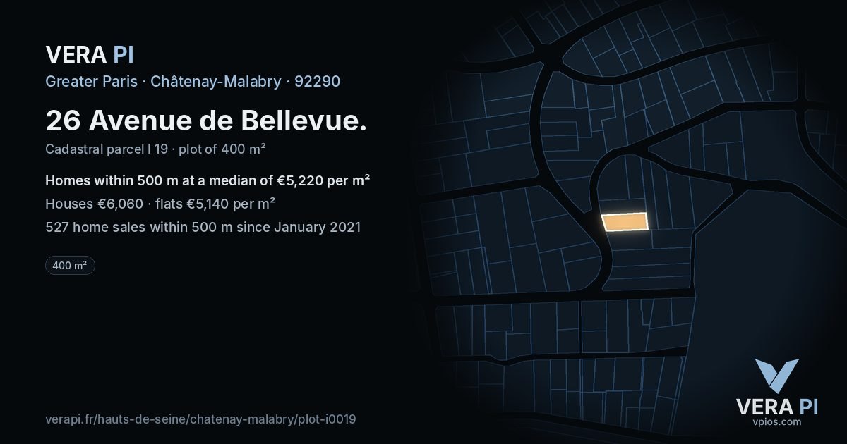 26 Avenue de Bellevue, Châtenay-Malabry at night – the plot lit, the parcels around coloured by the prices near them