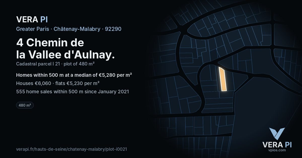 4 Chemin de la Vallee d'Aulnay, Châtenay-Malabry at night – the plot lit, the parcels around coloured by the prices near them