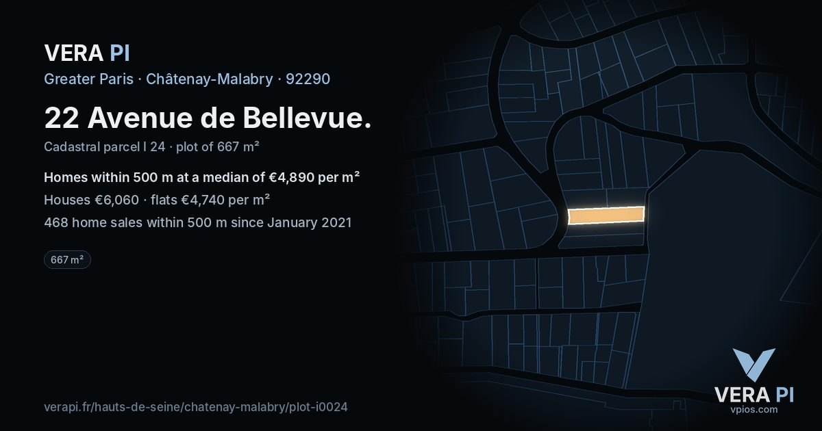 22 Avenue de Bellevue, Châtenay-Malabry at night – the plot lit, the parcels around coloured by the prices near them