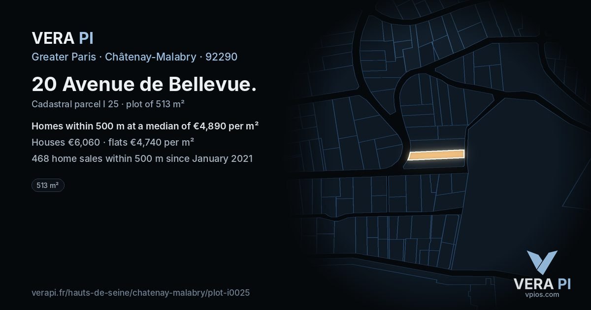 20 Avenue de Bellevue, Châtenay-Malabry at night – the plot lit, the parcels around coloured by the prices near them