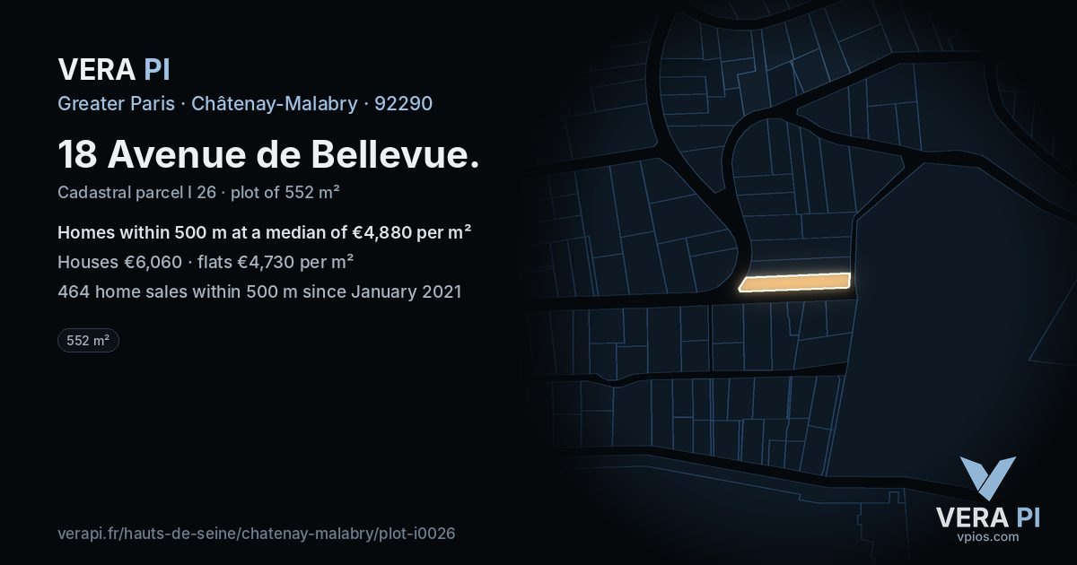 18 Avenue de Bellevue, Châtenay-Malabry at night – the plot lit, the parcels around coloured by the prices near them