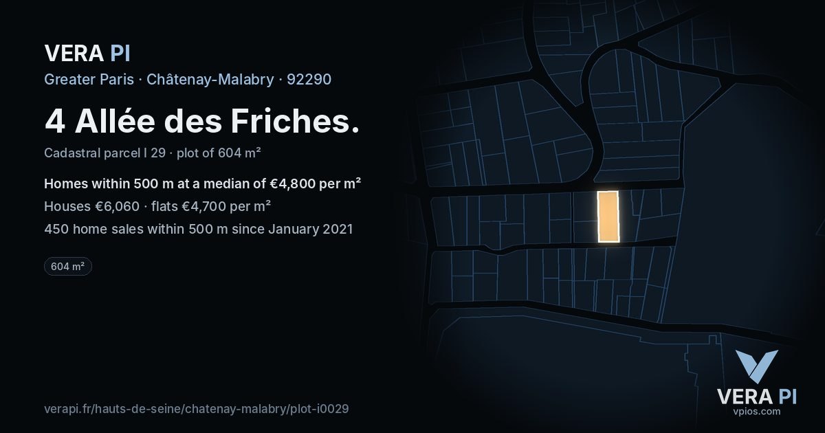 4 Allée des Friches, Châtenay-Malabry at night – the plot lit, the parcels around coloured by the prices near them