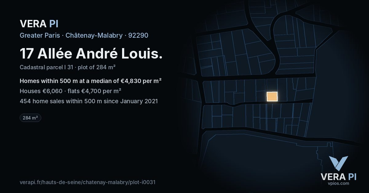 17 Allée André Louis, Châtenay-Malabry at night – the plot lit, the parcels around coloured by the prices near them