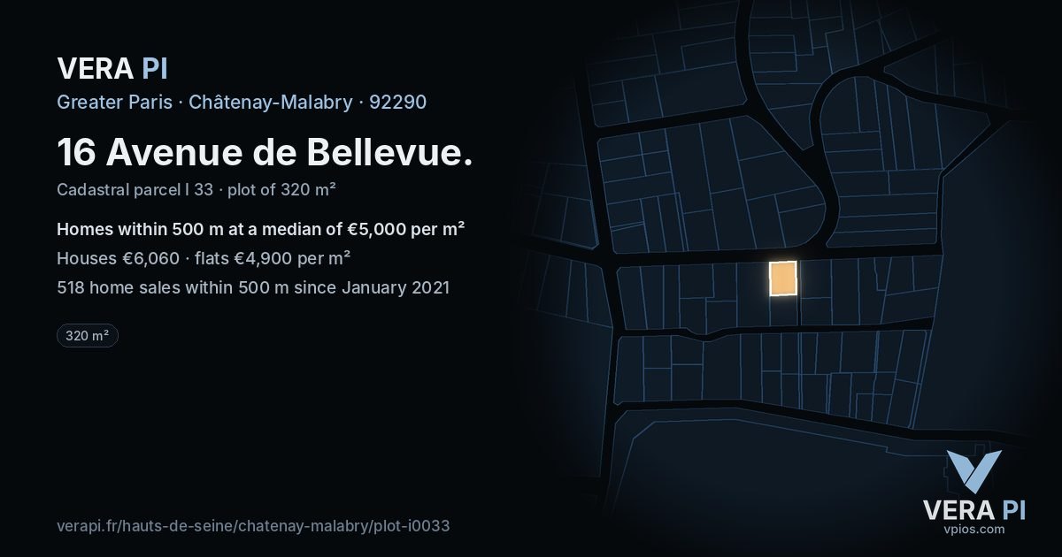 16 Avenue de Bellevue, Châtenay-Malabry at night – the plot lit, the parcels around coloured by the prices near them