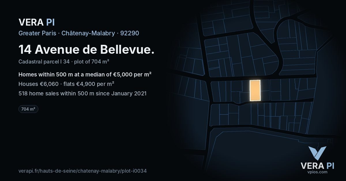 14 Avenue de Bellevue, Châtenay-Malabry at night – the plot lit, the parcels around coloured by the prices near them