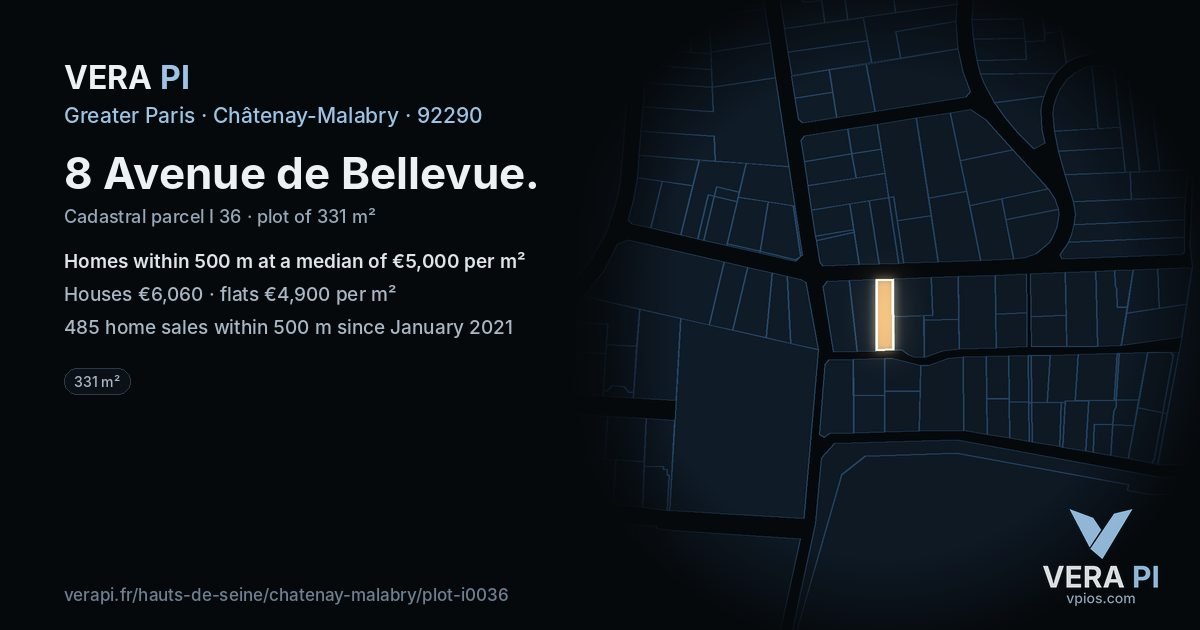 8 Avenue de Bellevue, Châtenay-Malabry at night – the plot lit, the parcels around coloured by the prices near them