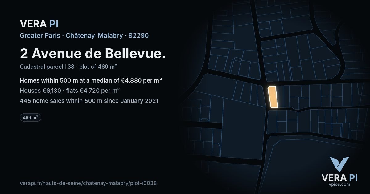 2 Avenue de Bellevue, Châtenay-Malabry at night – the plot lit, the parcels around coloured by the prices near them