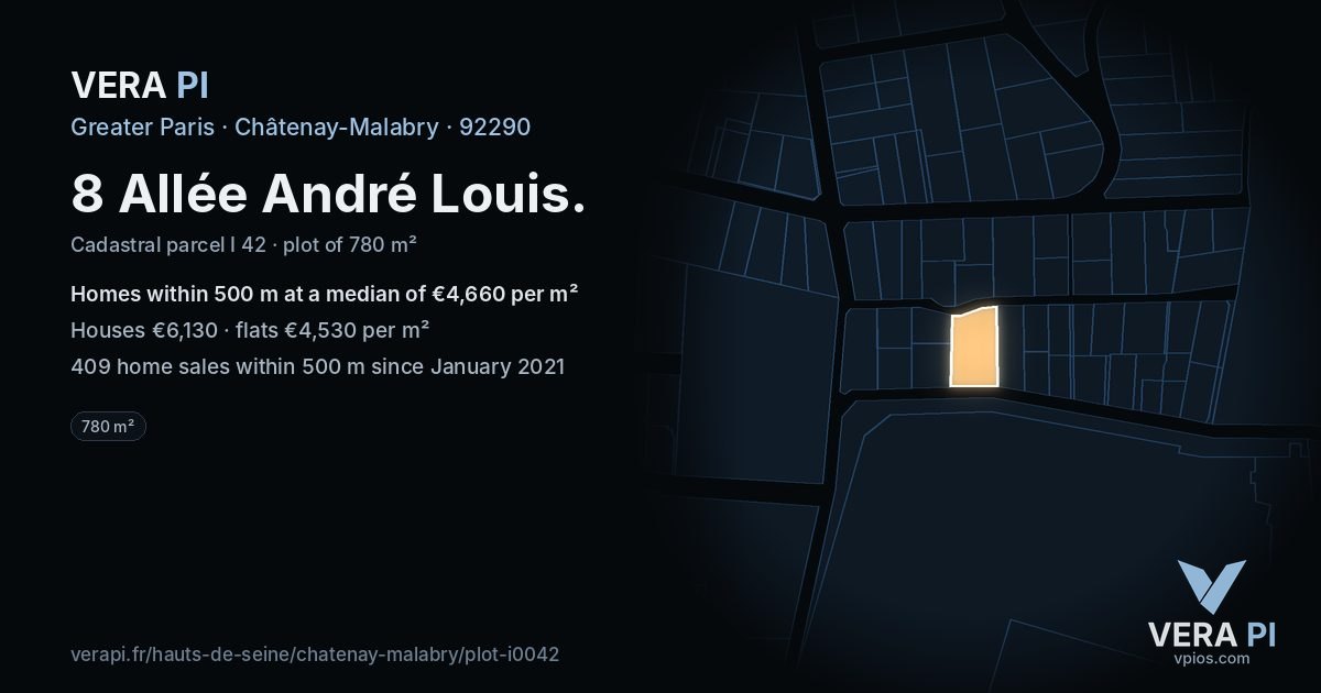 8 Allée André Louis, Châtenay-Malabry at night – the plot lit, the parcels around coloured by the prices near them