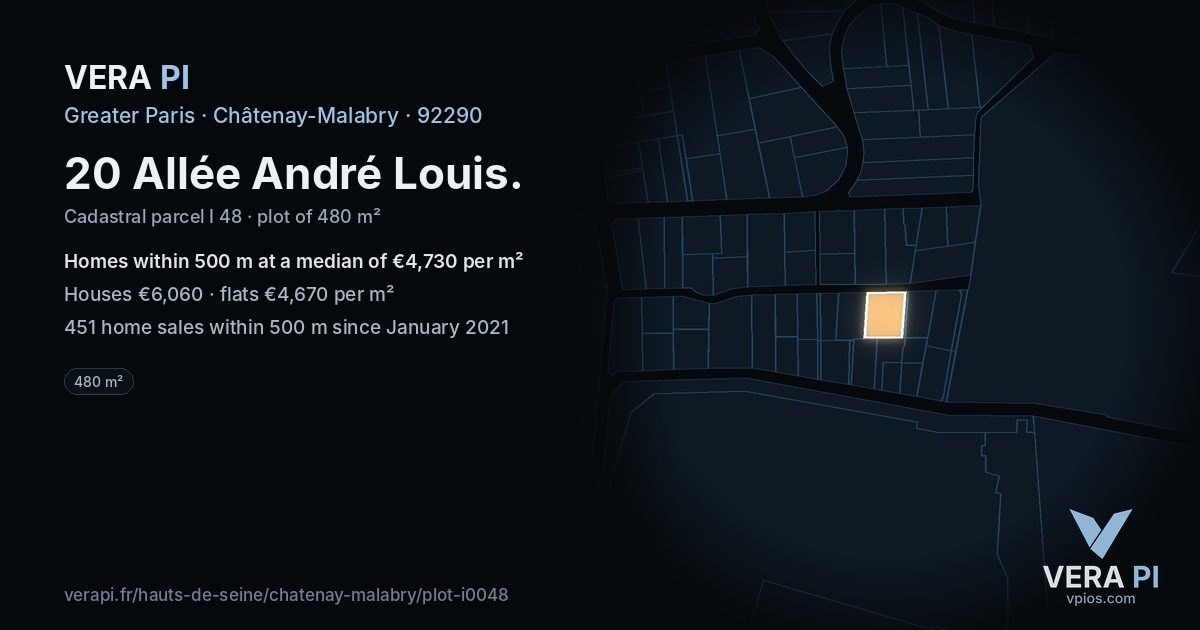 20 Allée André Louis, Châtenay-Malabry at night – the plot lit, the parcels around coloured by the prices near them