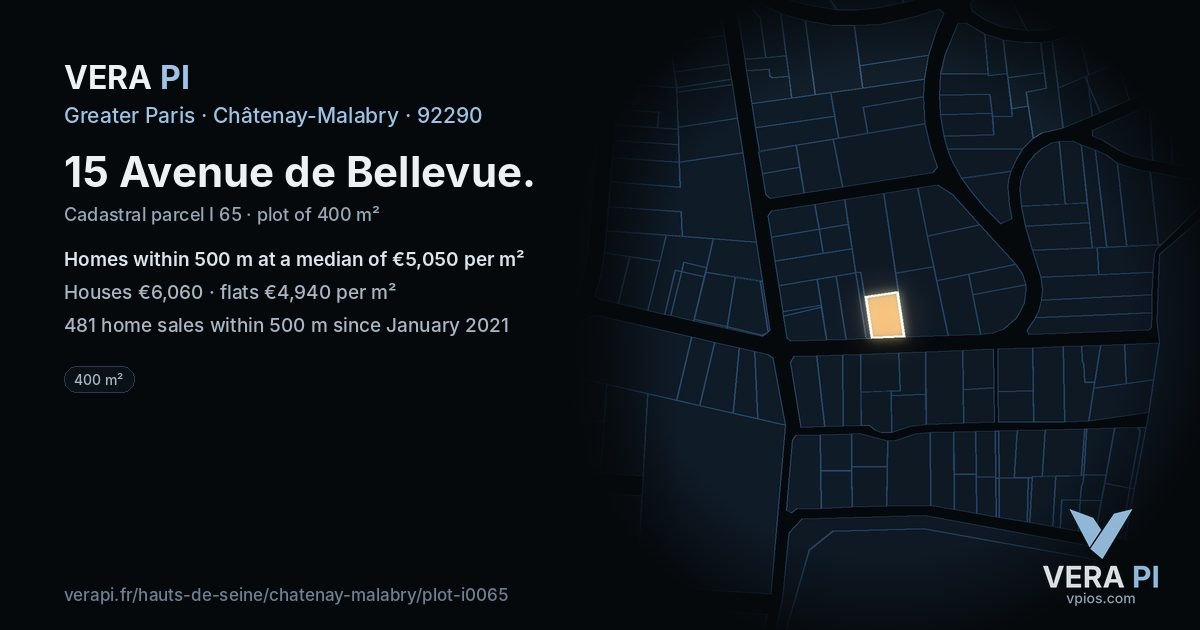 15 Avenue de Bellevue, Châtenay-Malabry at night – the plot lit, the parcels around coloured by the prices near them