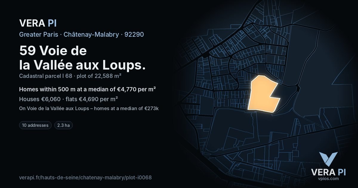 59 Voie de la Vallée aux Loups, Châtenay-Malabry at night – the plot lit, the parcels around coloured by the prices near them