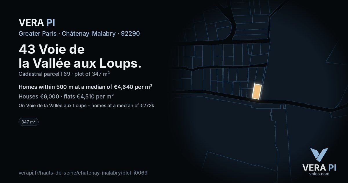 43 Voie de la Vallée aux Loups, Châtenay-Malabry at night – the plot lit, the parcels around coloured by the prices near them
