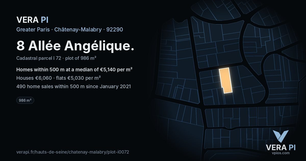 8 Allée Angélique, Châtenay-Malabry at night – the plot lit, the parcels around coloured by the prices near them