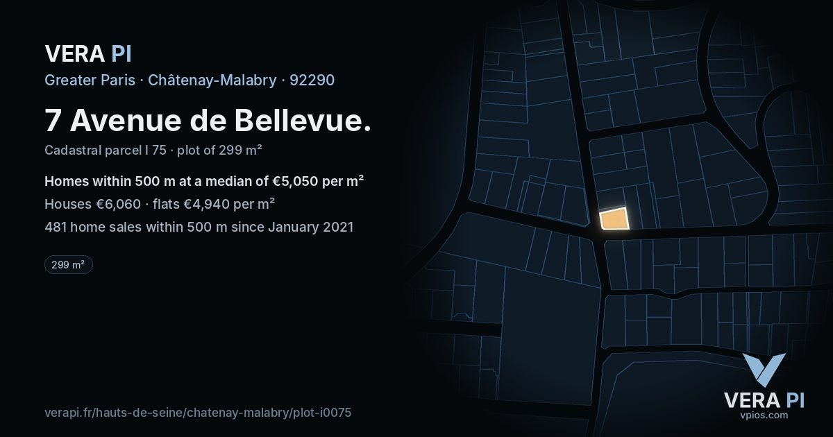 7 Avenue de Bellevue, Châtenay-Malabry at night – the plot lit, the parcels around coloured by the prices near them