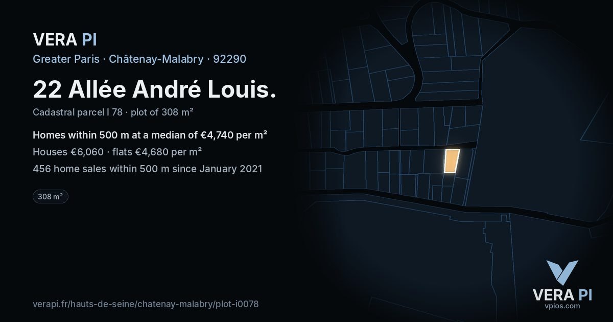 22 Allée André Louis, Châtenay-Malabry at night – the plot lit, the parcels around coloured by the prices near them