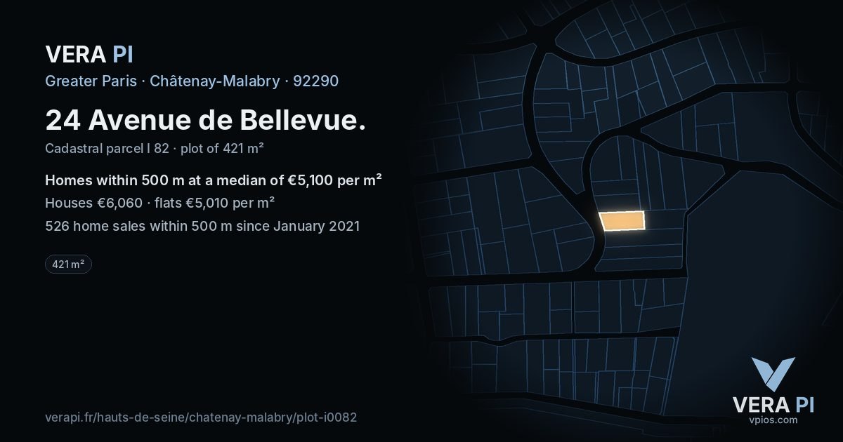 24 Avenue de Bellevue, Châtenay-Malabry at night – the plot lit, the parcels around coloured by the prices near them