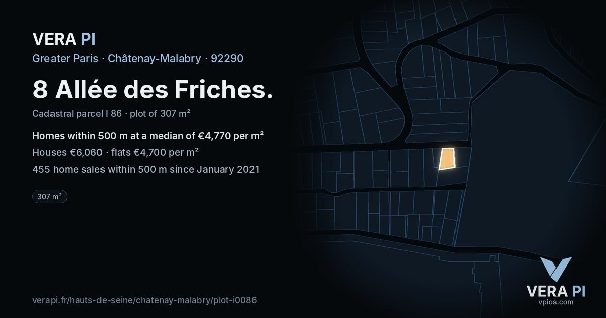 8 Allée des Friches, Châtenay-Malabry at night – the plot lit, the parcels around coloured by the prices near them