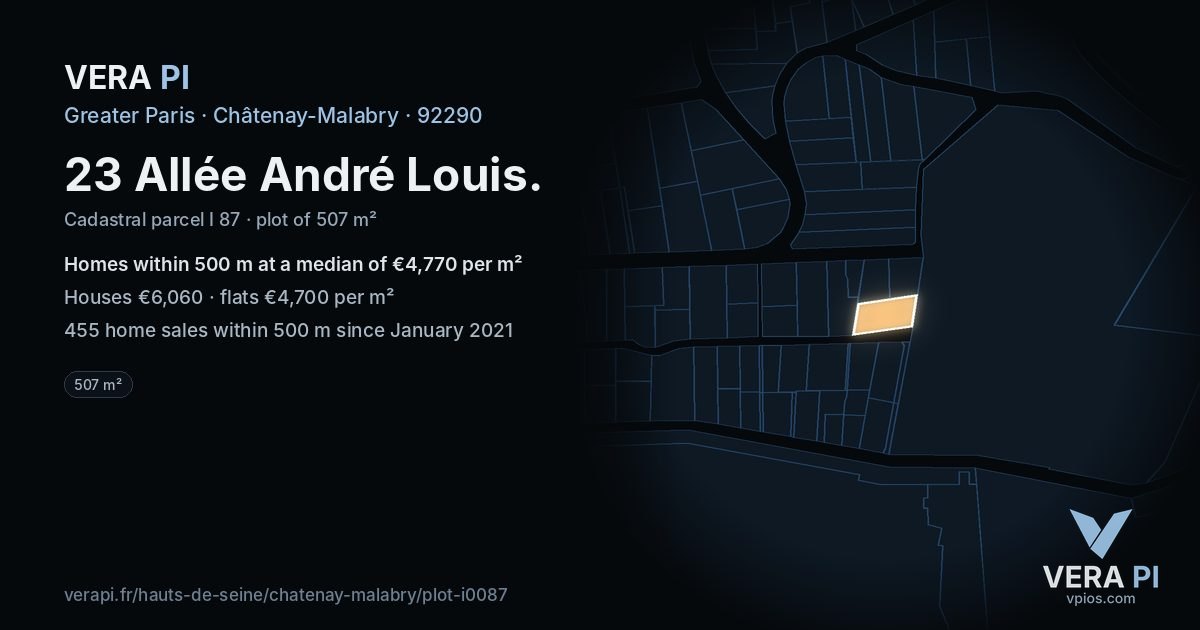 23 Allée André Louis, Châtenay-Malabry at night – the plot lit, the parcels around coloured by the prices near them
