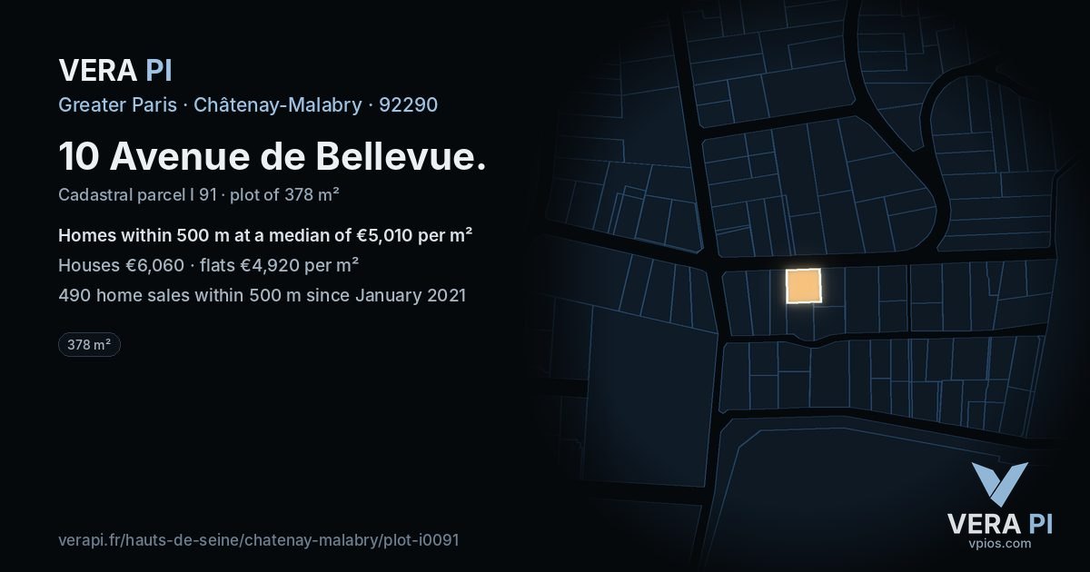 10 Avenue de Bellevue, Châtenay-Malabry at night – the plot lit, the parcels around coloured by the prices near them