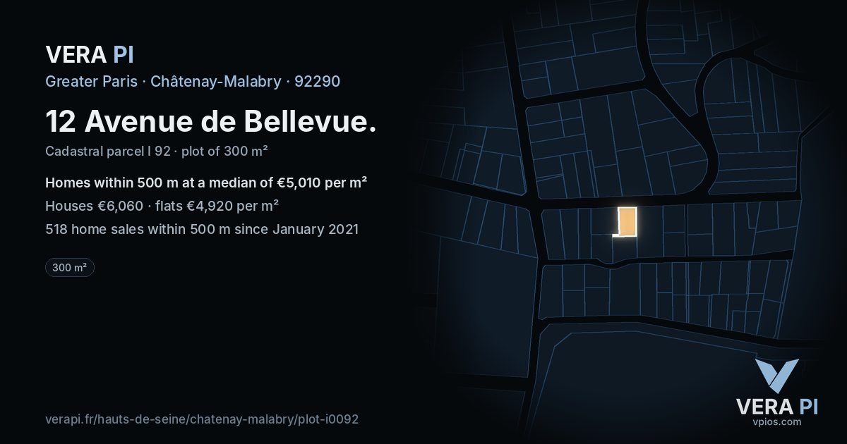 12 Avenue de Bellevue, Châtenay-Malabry at night – the plot lit, the parcels around coloured by the prices near them